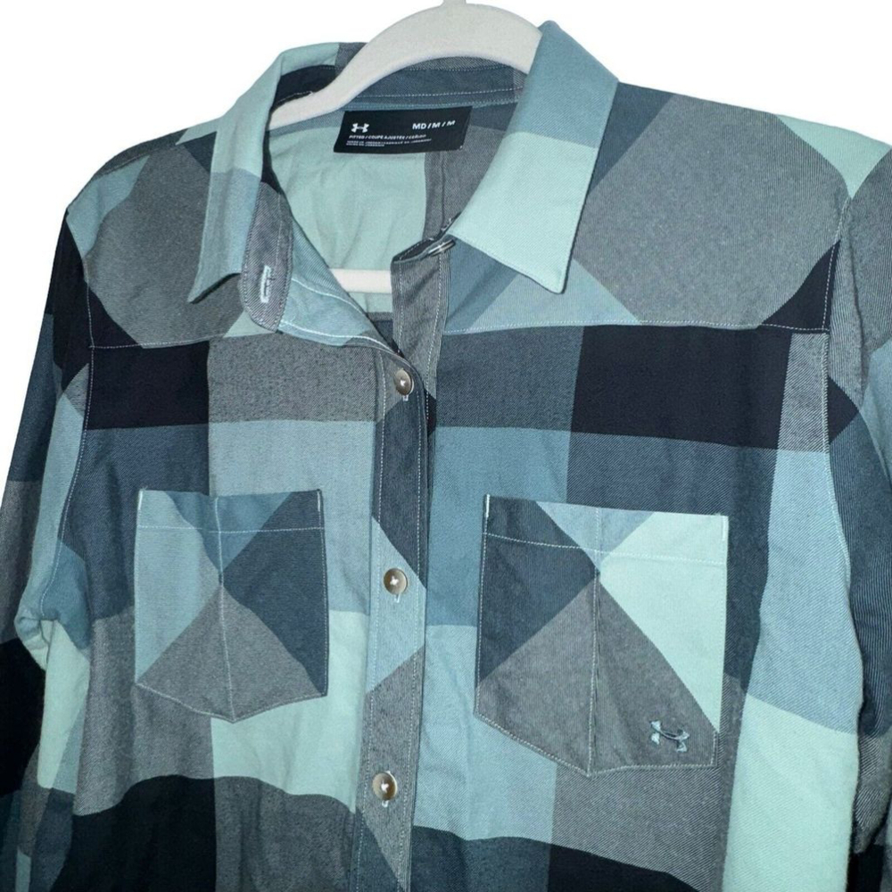 Under Armour Womens Medium Blue Black Plaid Loose Fit Button Front Flannel Shirt